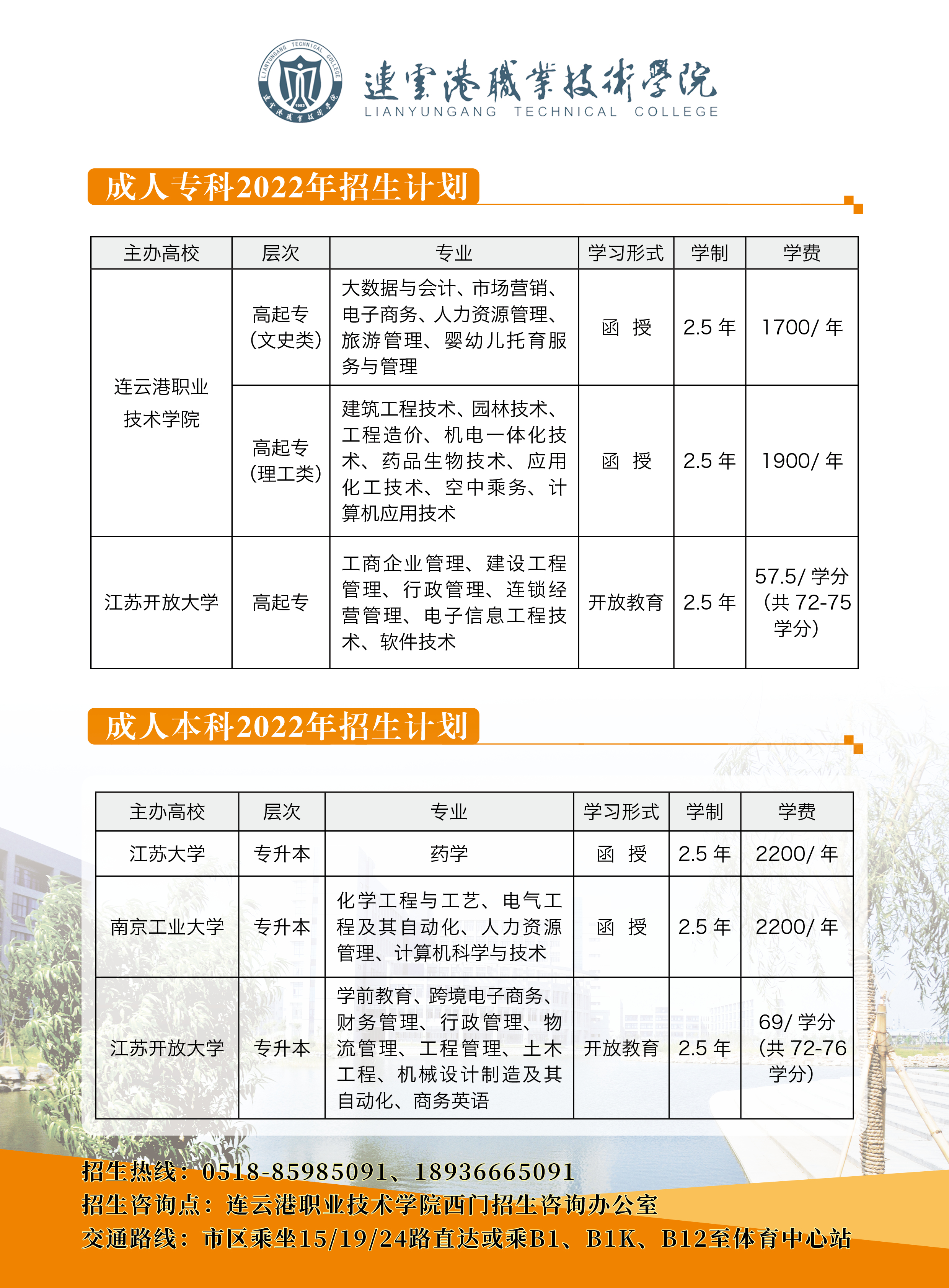 连云港职业技术学院2022年成人高考招生简章